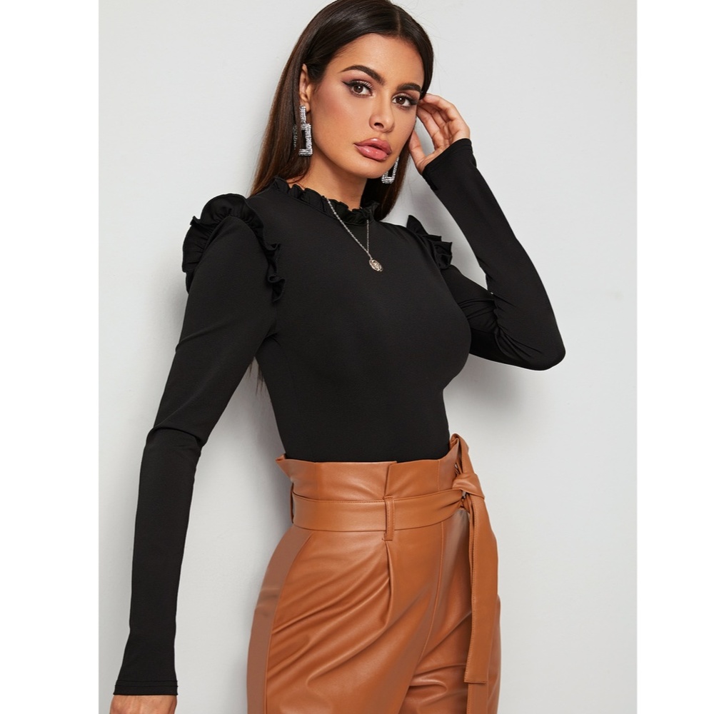 Ruffle Detail Black Long Sleeve Shirt - Picture 4 of 5